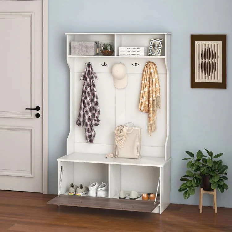 Entryway Bench Coat Rack Shoe Storage Cabinet in White Oak Wood Finish - Image 3