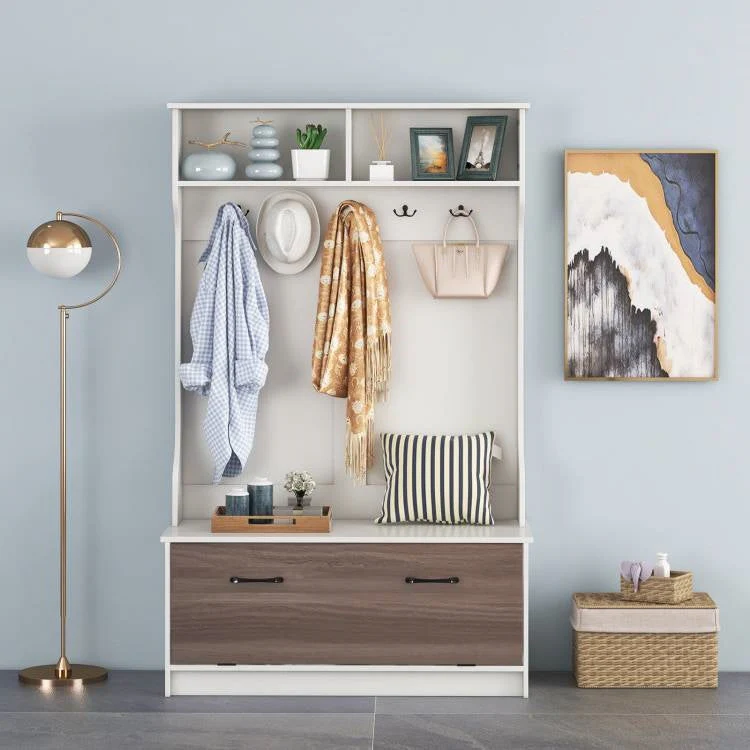 Entryway Bench Coat Rack Shoe Storage Cabinet in White Oak Wood Finish - Image 4
