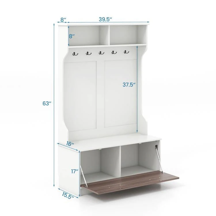 Entryway Bench Coat Rack Shoe Storage Cabinet in White Oak Wood Finish - Image 5