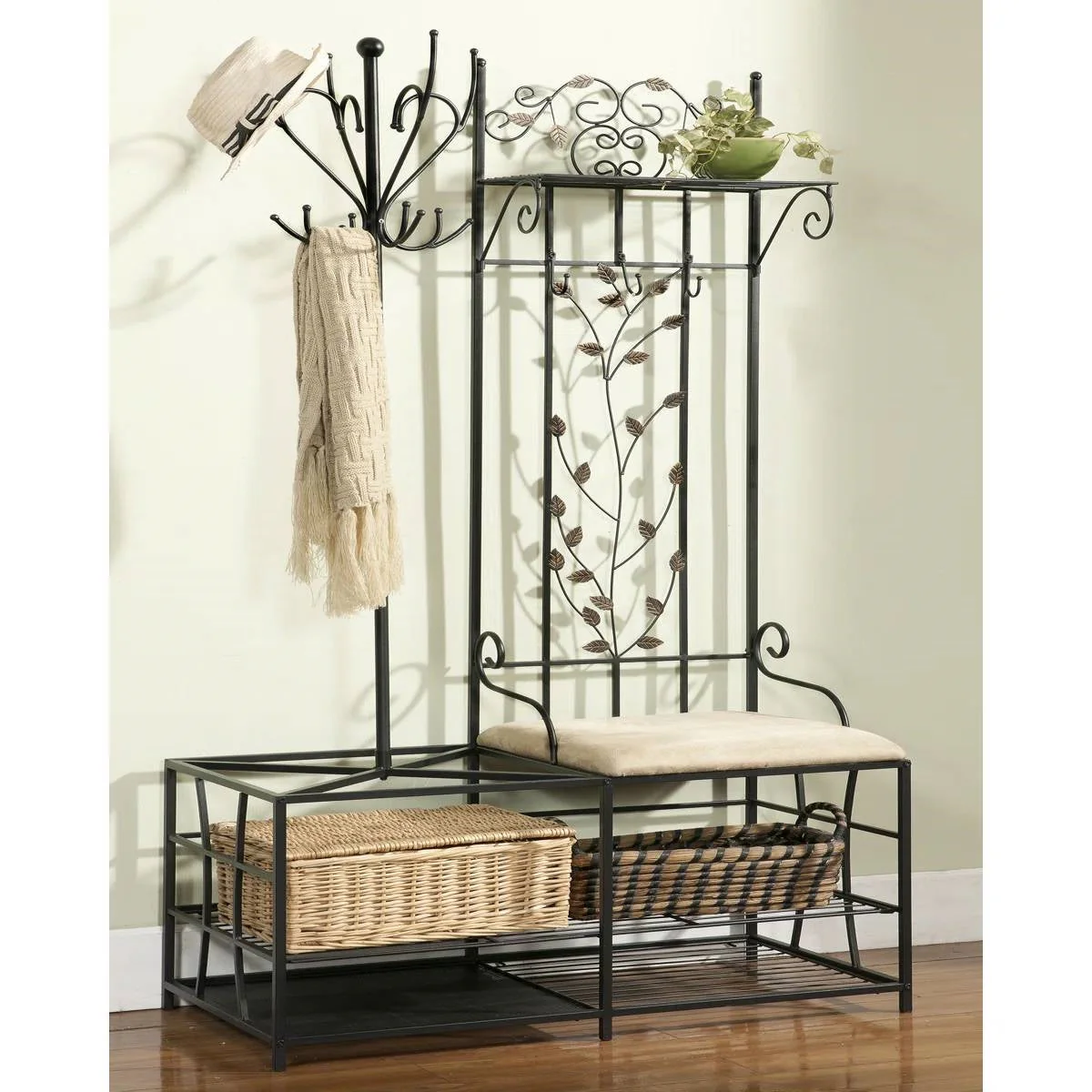 Entryway Hall Tree Coat Rack Storage Bench with Scrolling Leaves Scrollwork - Image 2