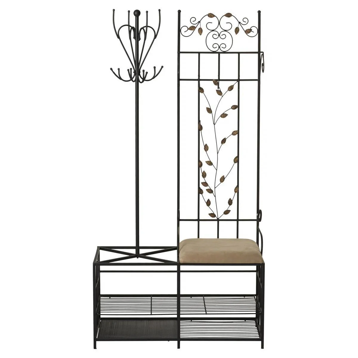 Entryway Hall Tree Coat Rack Storage Bench with Scrolling Leaves Scrollwork - Image 3