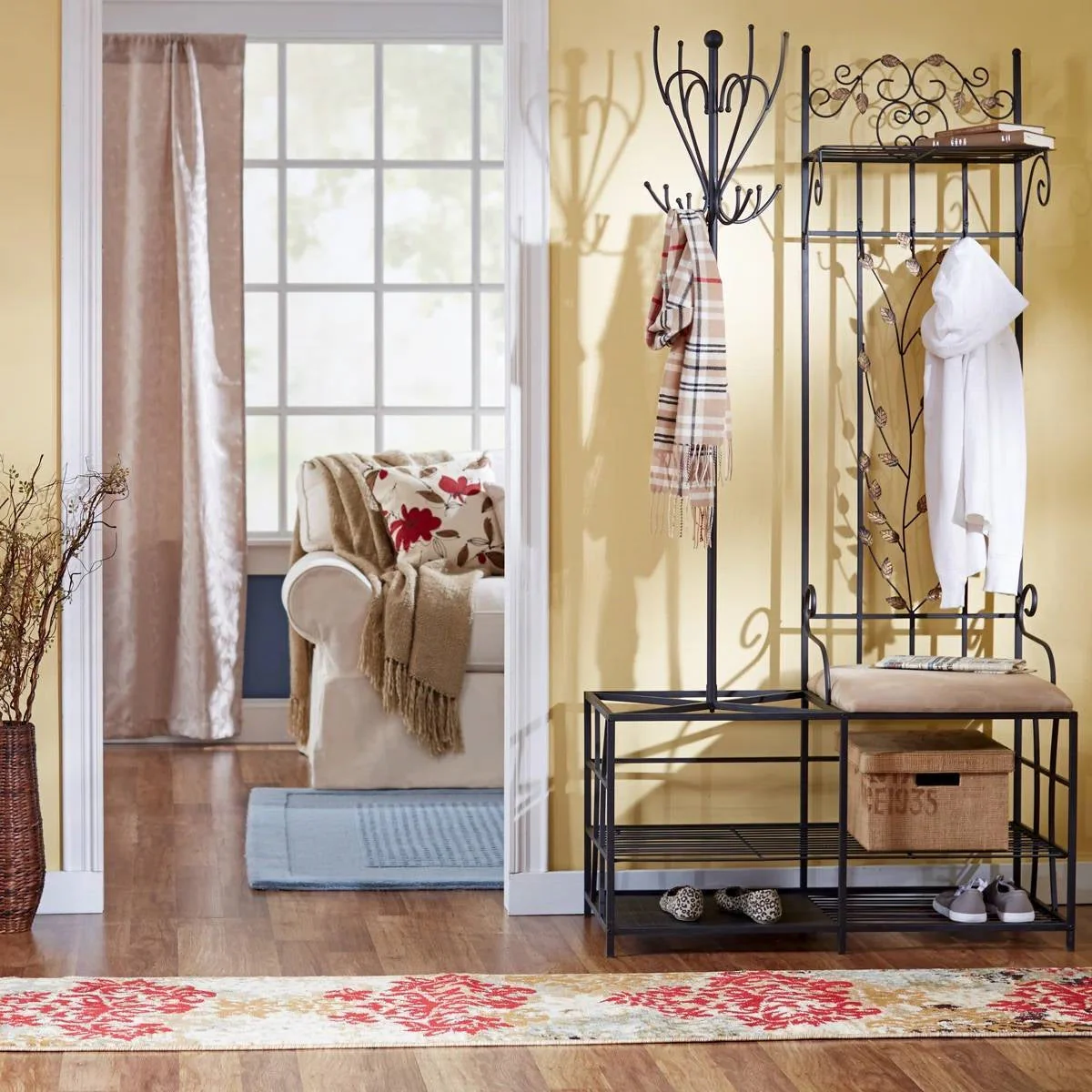 Entryway Hall Tree Coat Rack Storage Bench with Scrolling Leaves Scrollwork - Image 4