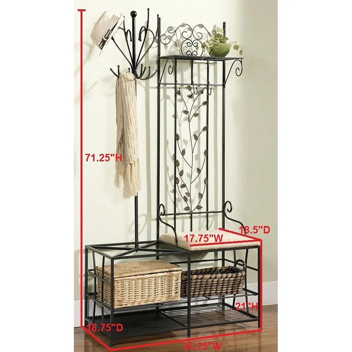 Entryway Hall Tree Coat Rack Storage Bench with Scrolling Leaves Scrollwork - Image 5