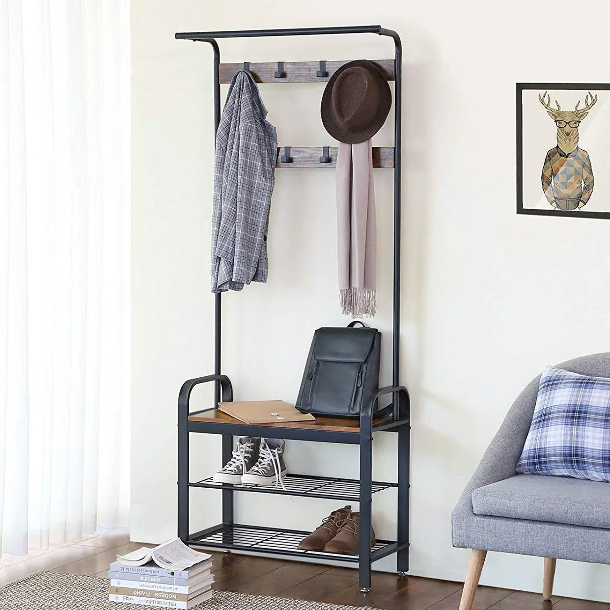 Entryway Modern Industrial Style Hall Tree Coat Rack Shoe Storage Bench - Image 2