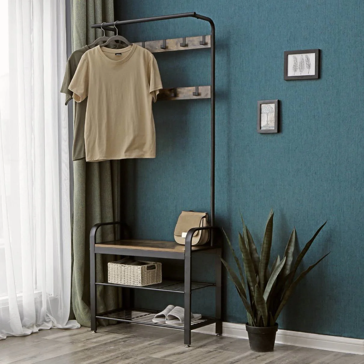 Entryway Modern Industrial Style Hall Tree Coat Rack Shoe Storage Bench - Image 4