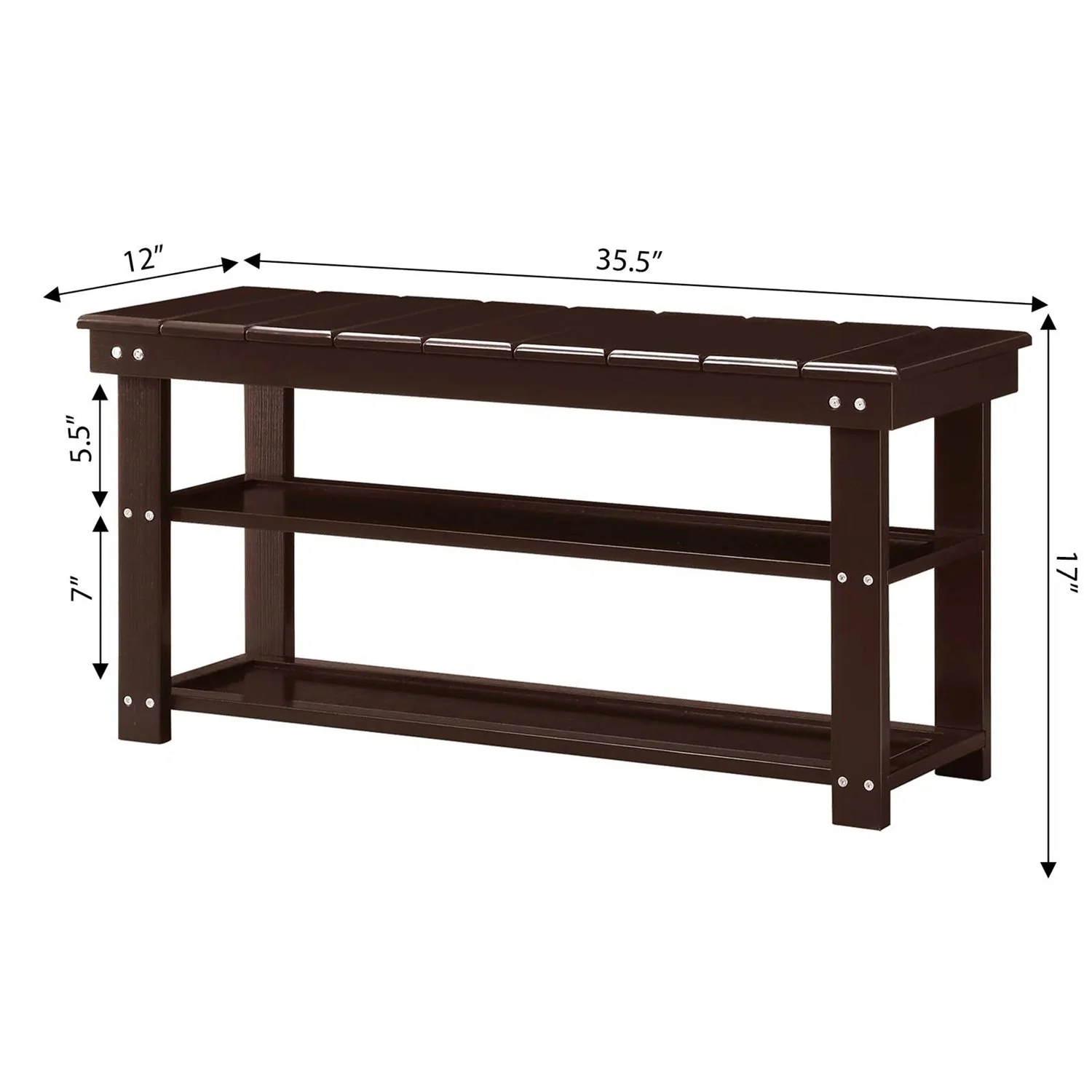 Espresso Brown Wood 2-Shelf Shoe Rack Storage Bench For Entryway or Closet - Image 5