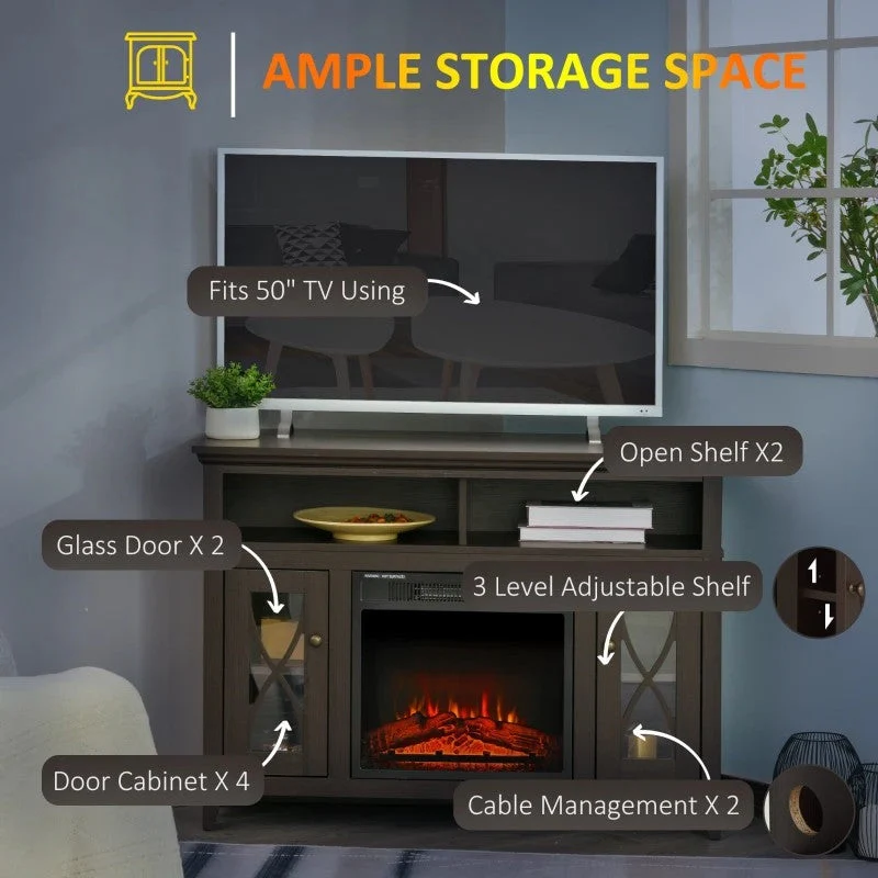 Espresso Electric Fireplace Mantel TV Stand w/ Adjustable Shelves 2 Storage Cabinets - Image 4