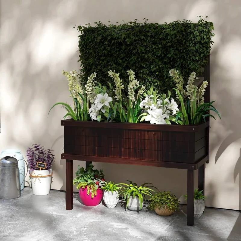Espresso Fir Wood Elevated Raised Garden Bed With Stylish Climbing Trellis - Image 2