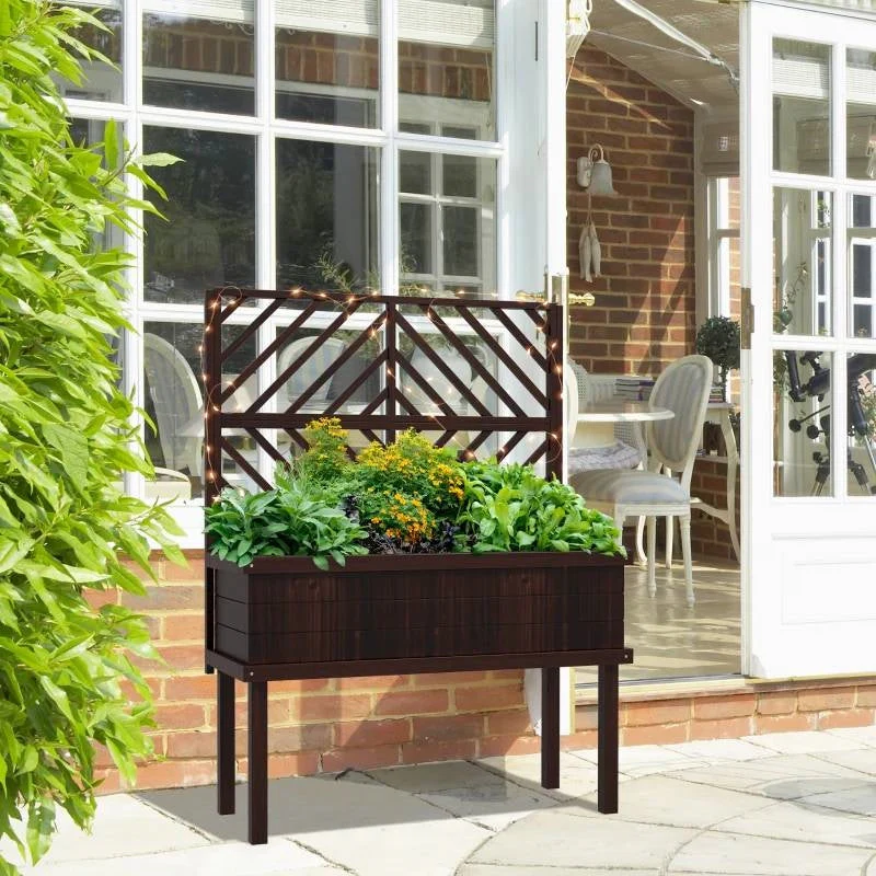 Espresso Fir Wood Elevated Raised Garden Bed With Stylish Climbing Trellis - Image 3
