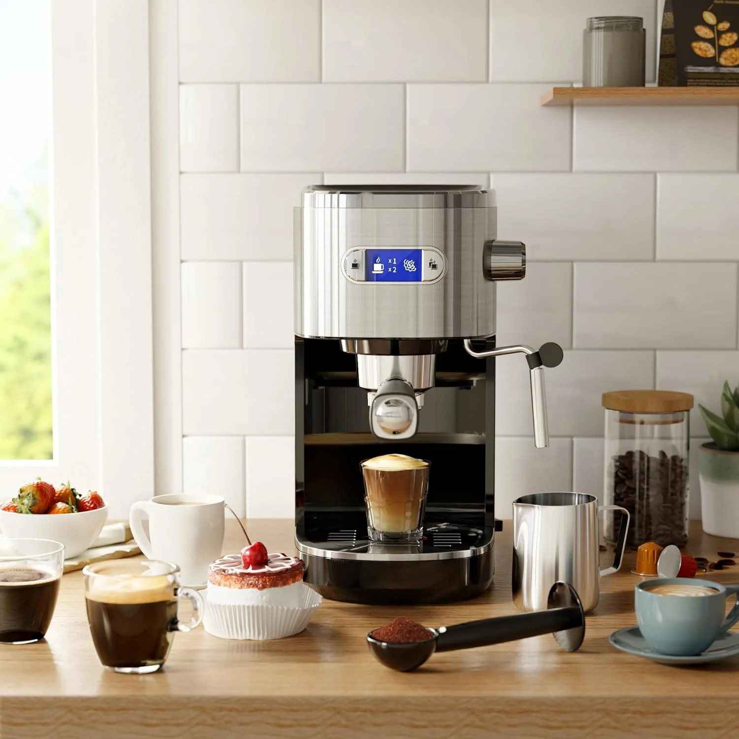 Espresso Machine ,Semi-Automatic Coffee Maker with Bean Grinder and Milk Frother Steam Wand CM8050 - Image 2