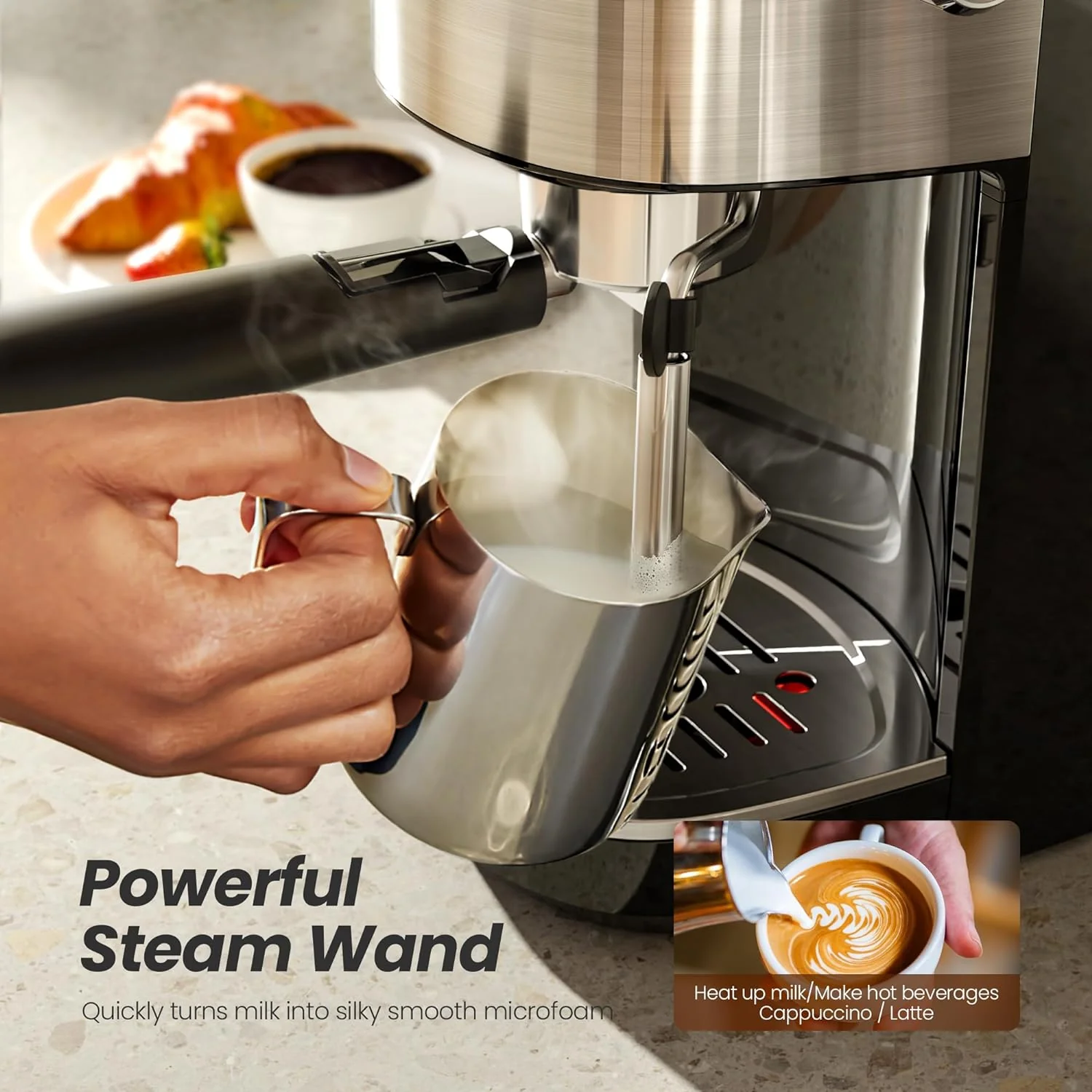 Espresso Machine ,Semi-Automatic Coffee Maker with Bean Grinder and Milk Frother Steam Wand CM8050 - Image 6