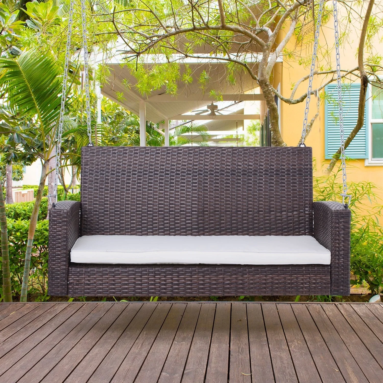 Espresso Wicker Porch Swing 7ft Hanging Chain with Cream Padded Cushion - Image 3