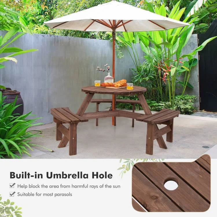 Espresso Wooden 6 Seater Picnic Table Umbrella Hole - Image 4