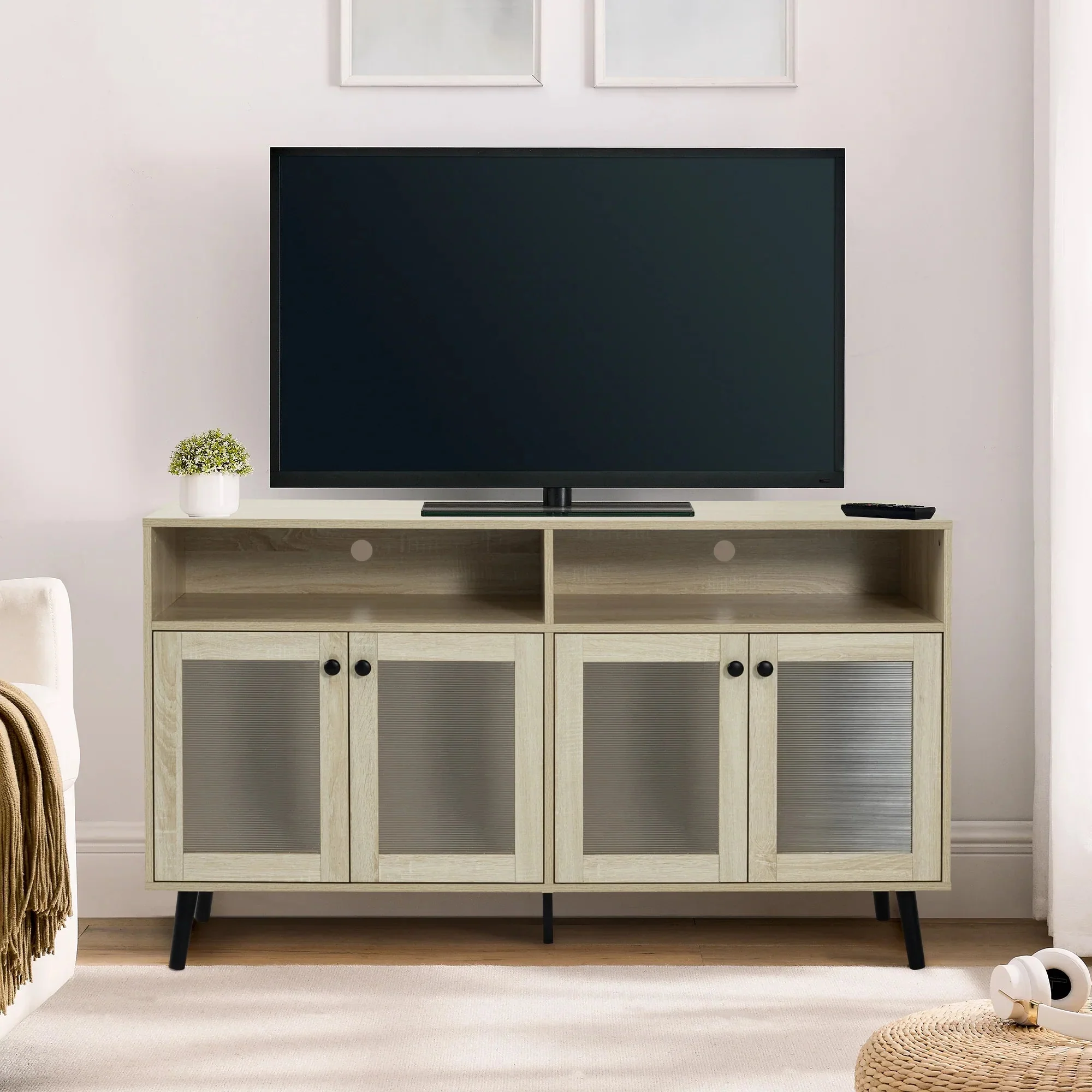 Evans 56 Inch Mid-Century Modern TV Stand with Open Shelves and Cabinets for Living Room, Bedroom - Image 11