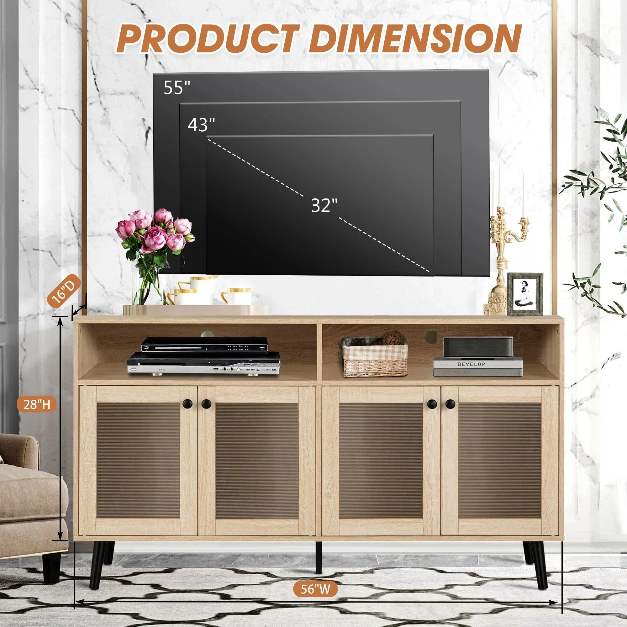 Evans 56 Inch Mid-Century Modern TV Stand with Open Shelves and Cabinets for Living Room, Bedroom - Image 6
