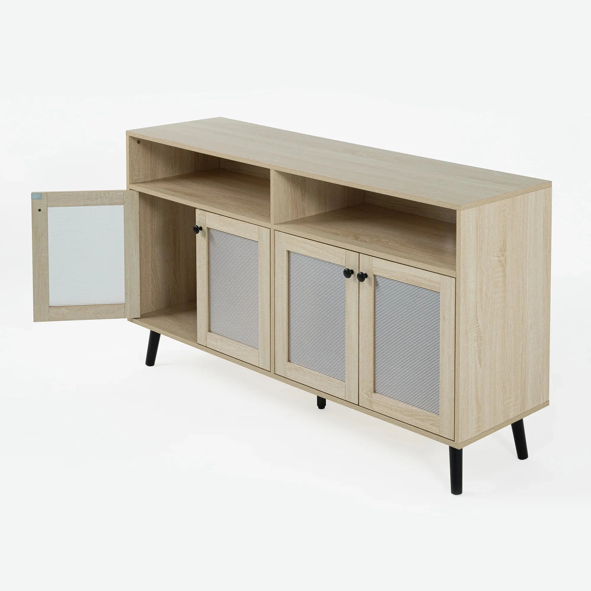 Evans 56 Inch Mid-Century Modern TV Stand with Open Shelves and Cabinets for Living Room, Bedroom - Image 8