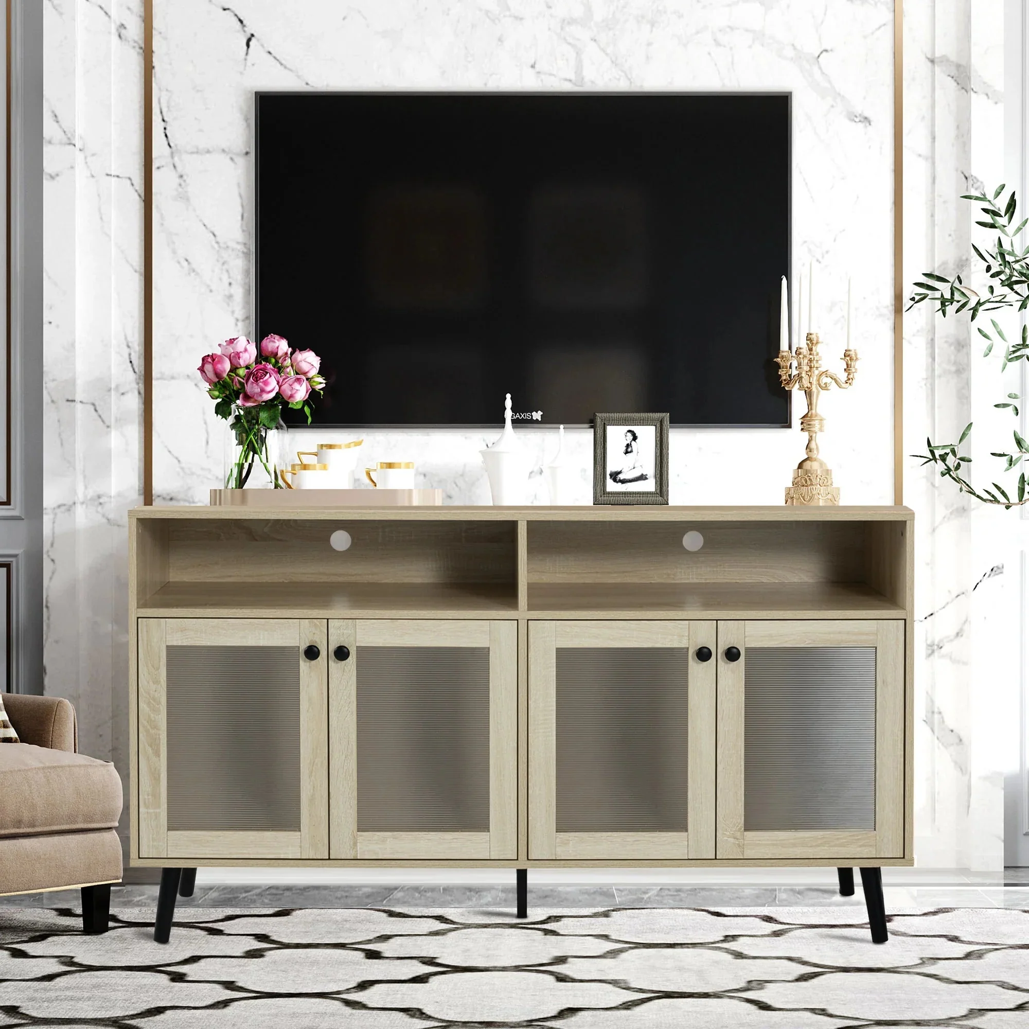 Evans 56 Inch Mid-Century Modern TV Stand with Open Shelves and Cabinets for Living Room, Bedroom - Image 9