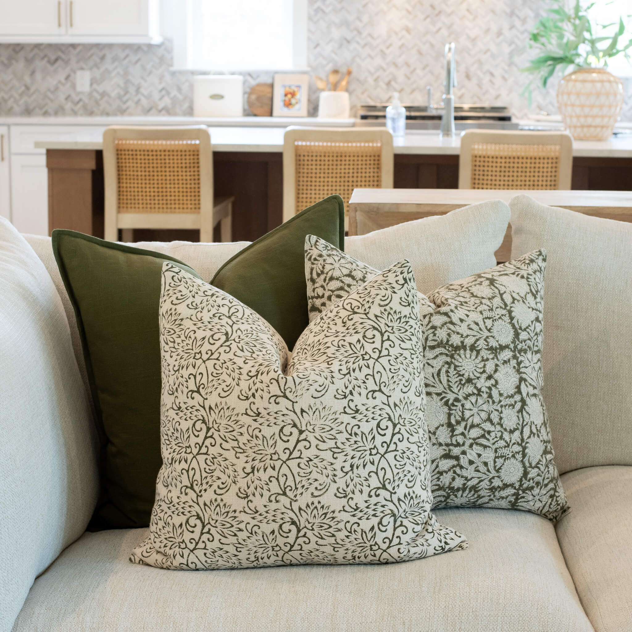 Everly Floral Block Printed Pillow Cover | Olive Green - Image 2