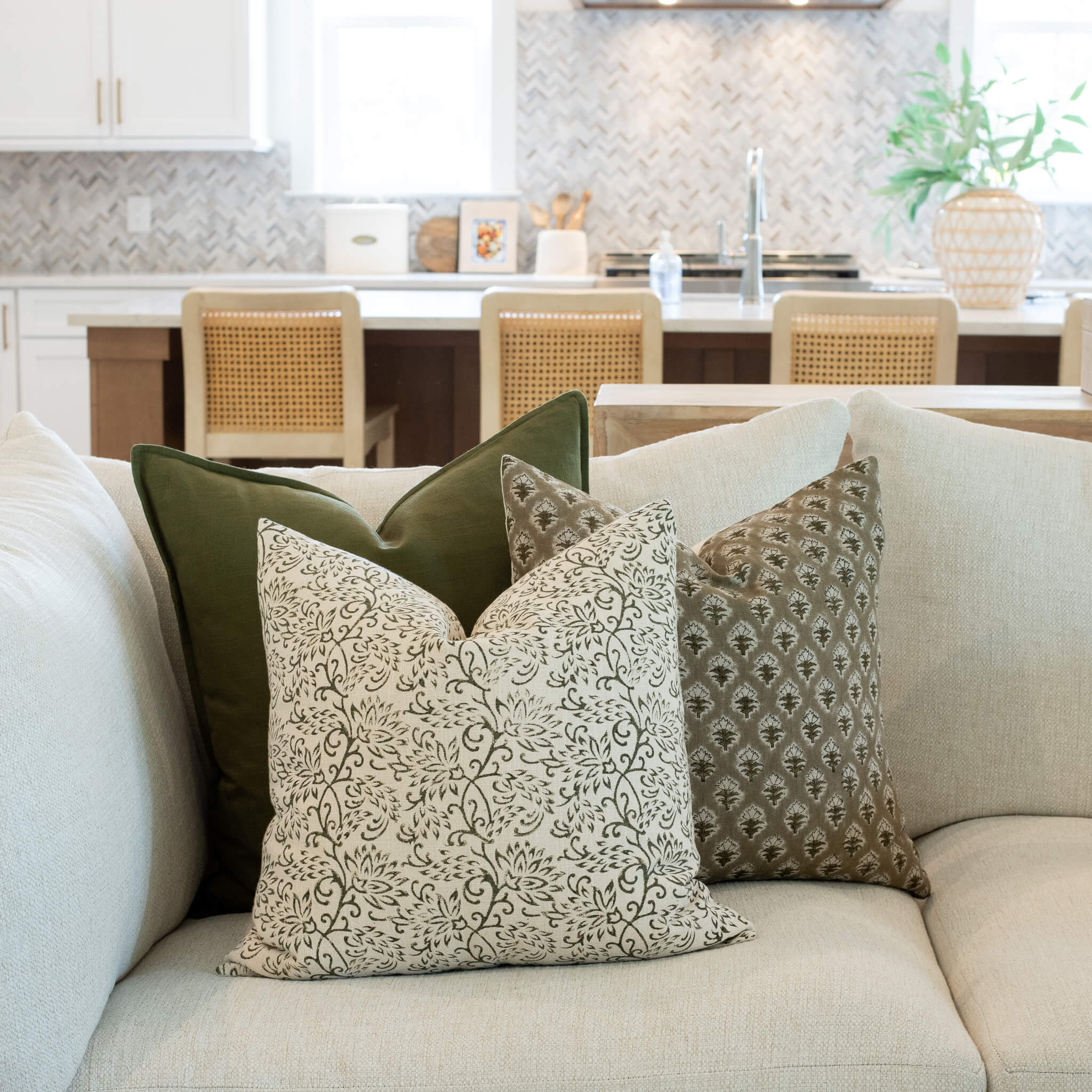 Everly Floral Block Printed Pillow Cover | Olive Green - Image 3
