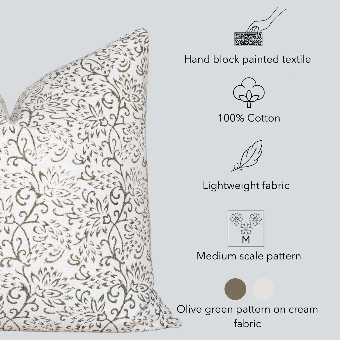 Everly Floral Block Printed Pillow Cover | Olive Green - Image 5