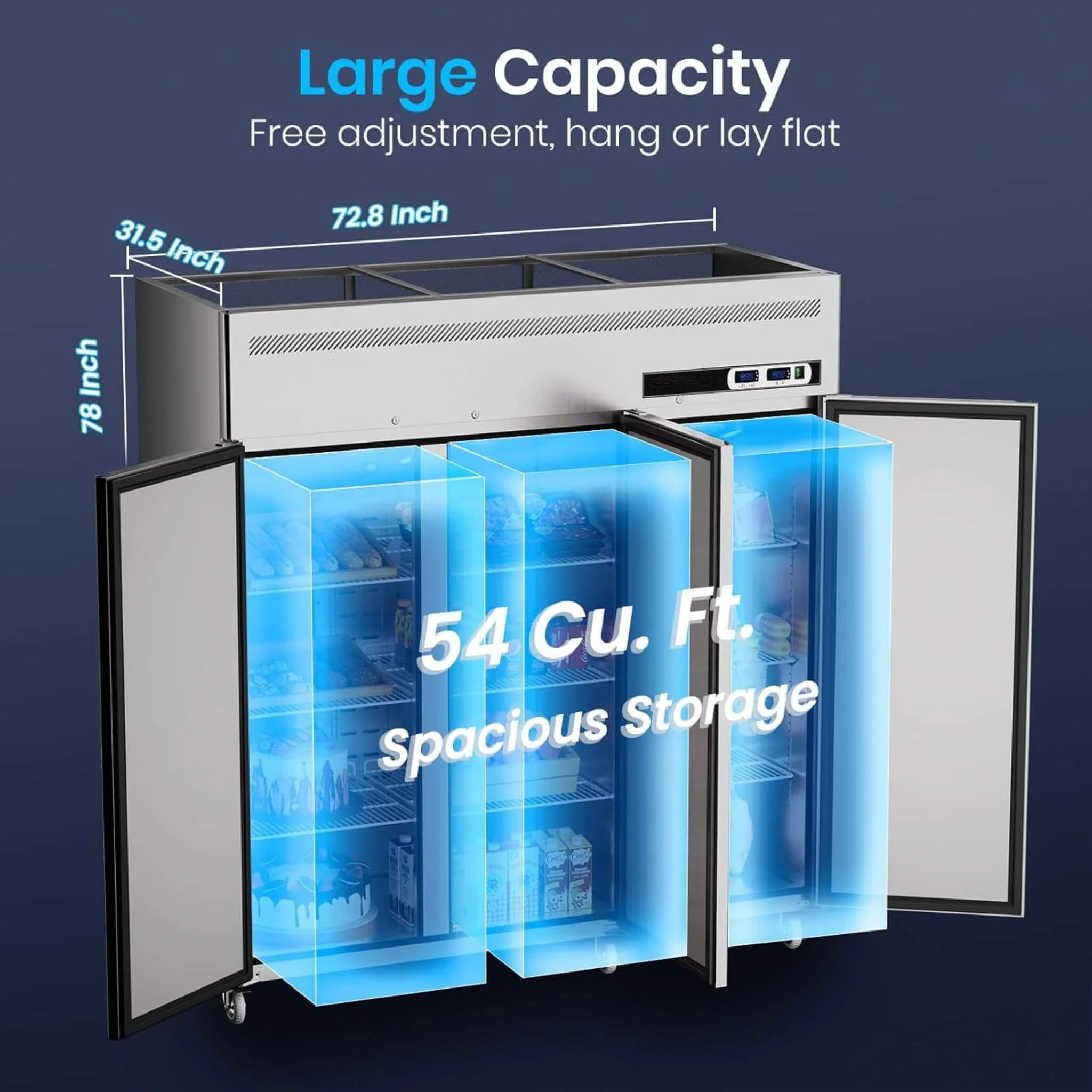 Extra-Large 72-Inch 54 Cu.Ft Commercial 3-Door Upright Reach-In Freezer Refrigerator Combo With Wheels (SAK68325) - Image 10