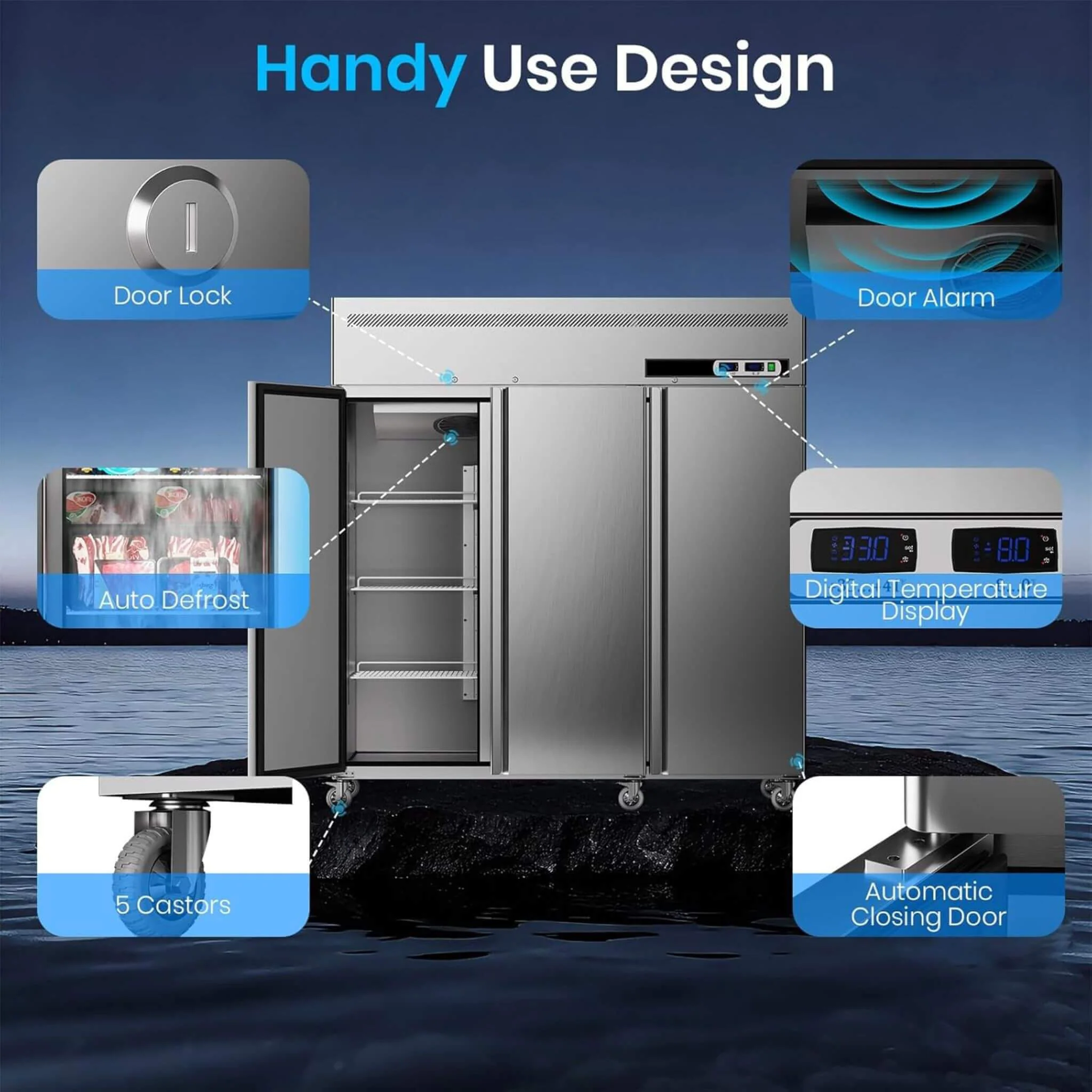 Extra-Large 72-Inch 54 Cu.Ft Commercial 3-Door Upright Reach-In Freezer Refrigerator Combo With Wheels (SAK68325) - Image 4