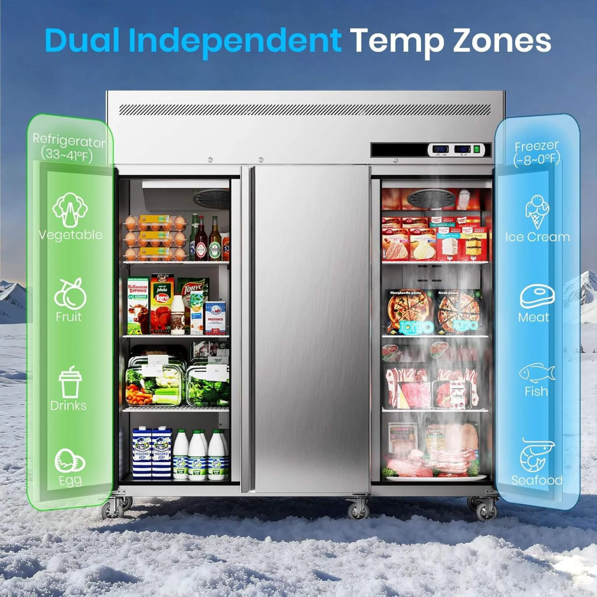 Extra-Large 72-Inch 54 Cu.Ft Commercial 3-Door Upright Reach-In Freezer Refrigerator Combo With Wheels (SAK68325) - Image 6