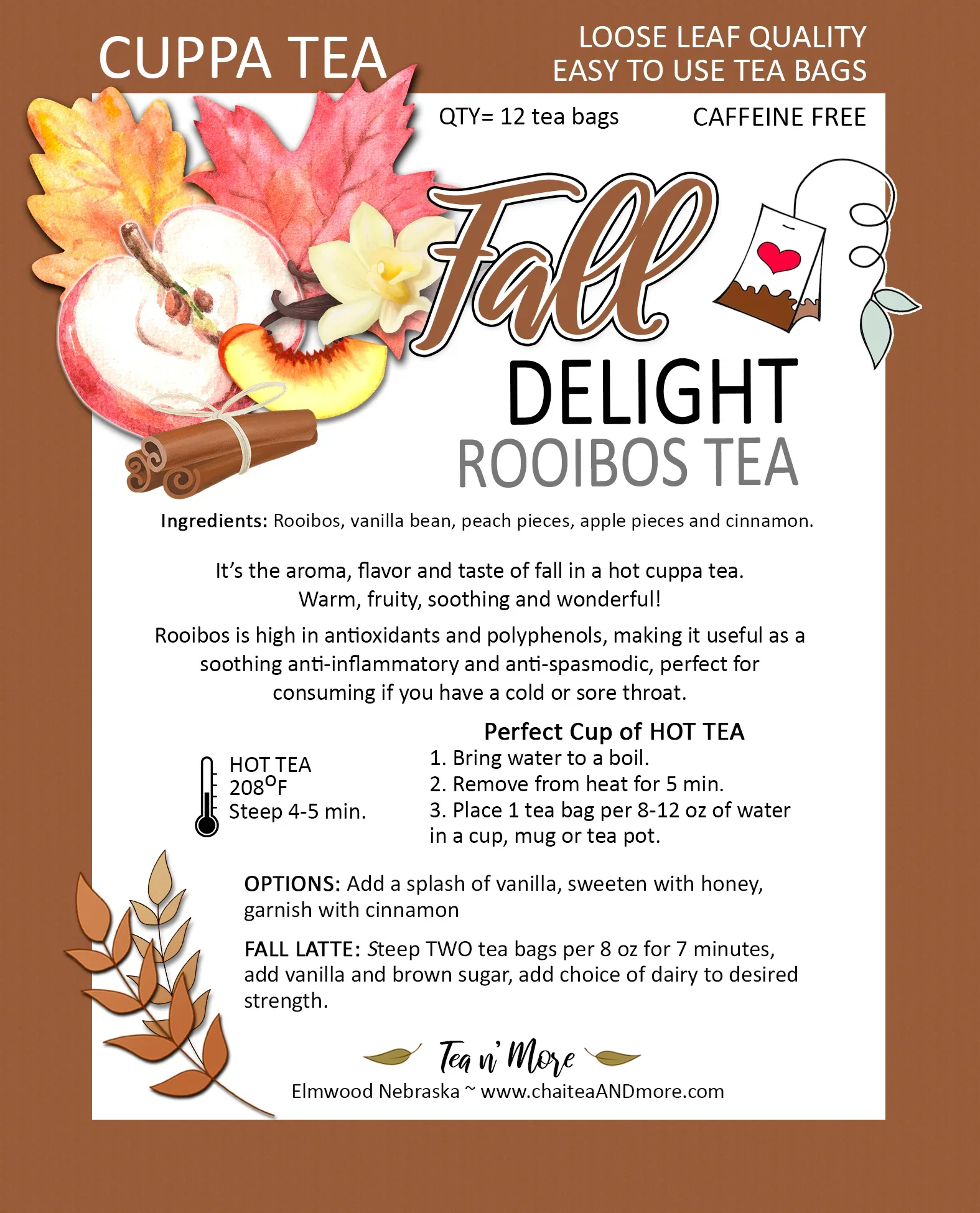 Fall Delight | Rooibos Tea | 12 Tea Bags | Caffeine Free | Tea n More