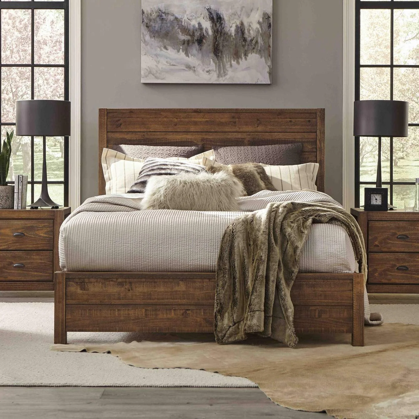 FarmHome Walnut Solid Pine Platform Bed in Queen Size - Image 4