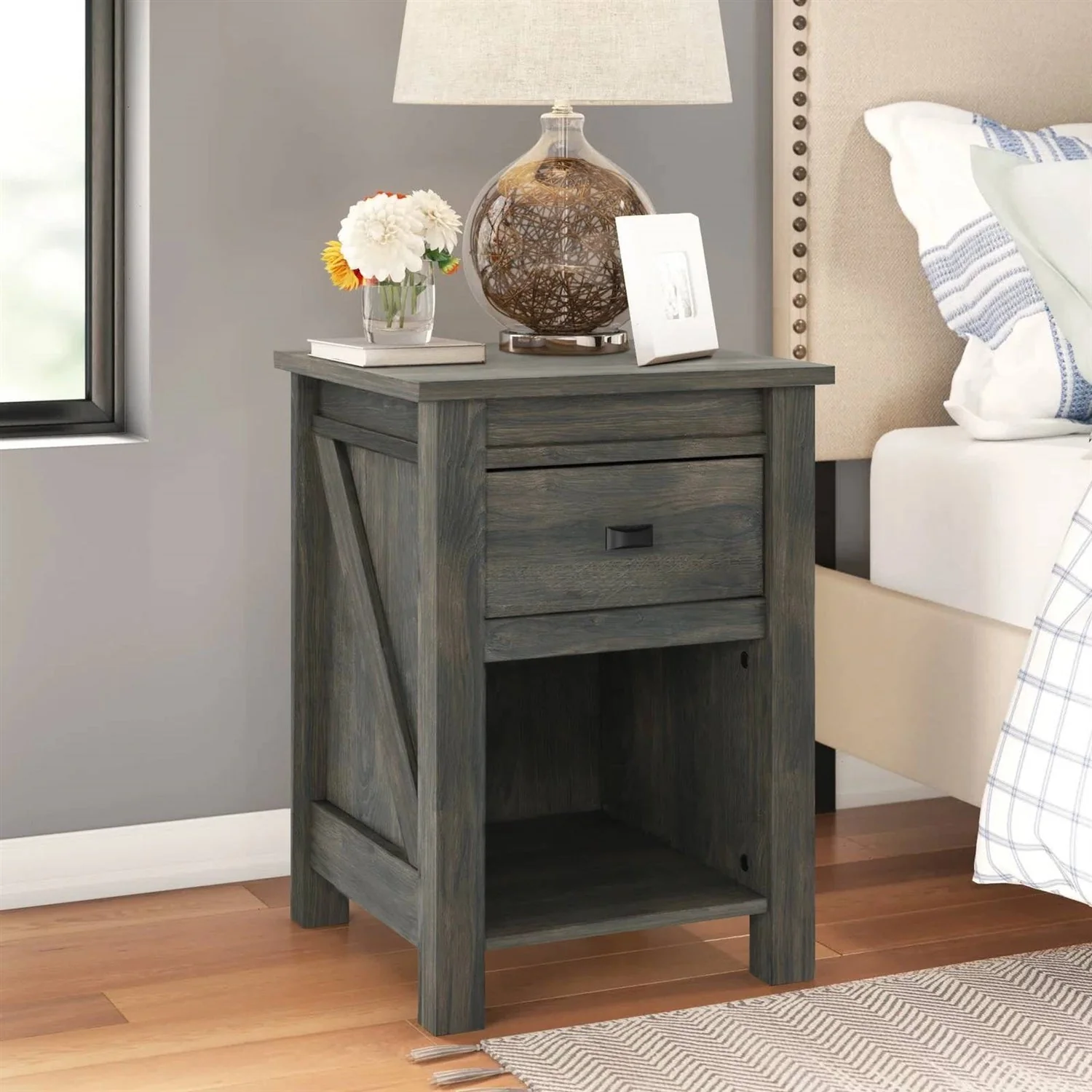 Farmhouse 1-Drawer Bedroom Nightstand with Open Shelf in Rustic Grey Oak - Image 4