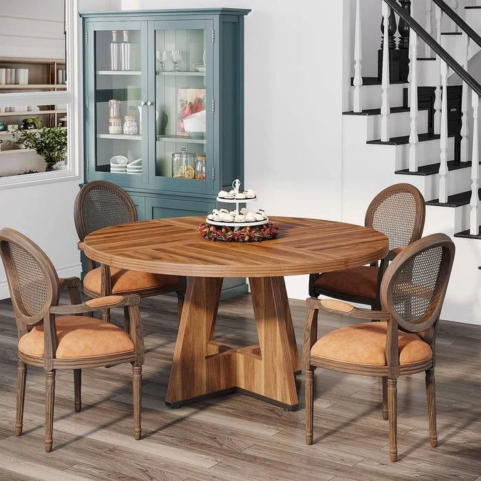 Farmhouse 47-inch Round Kitchen Dining Table in Vintage Brown Wood Finish - Image 3