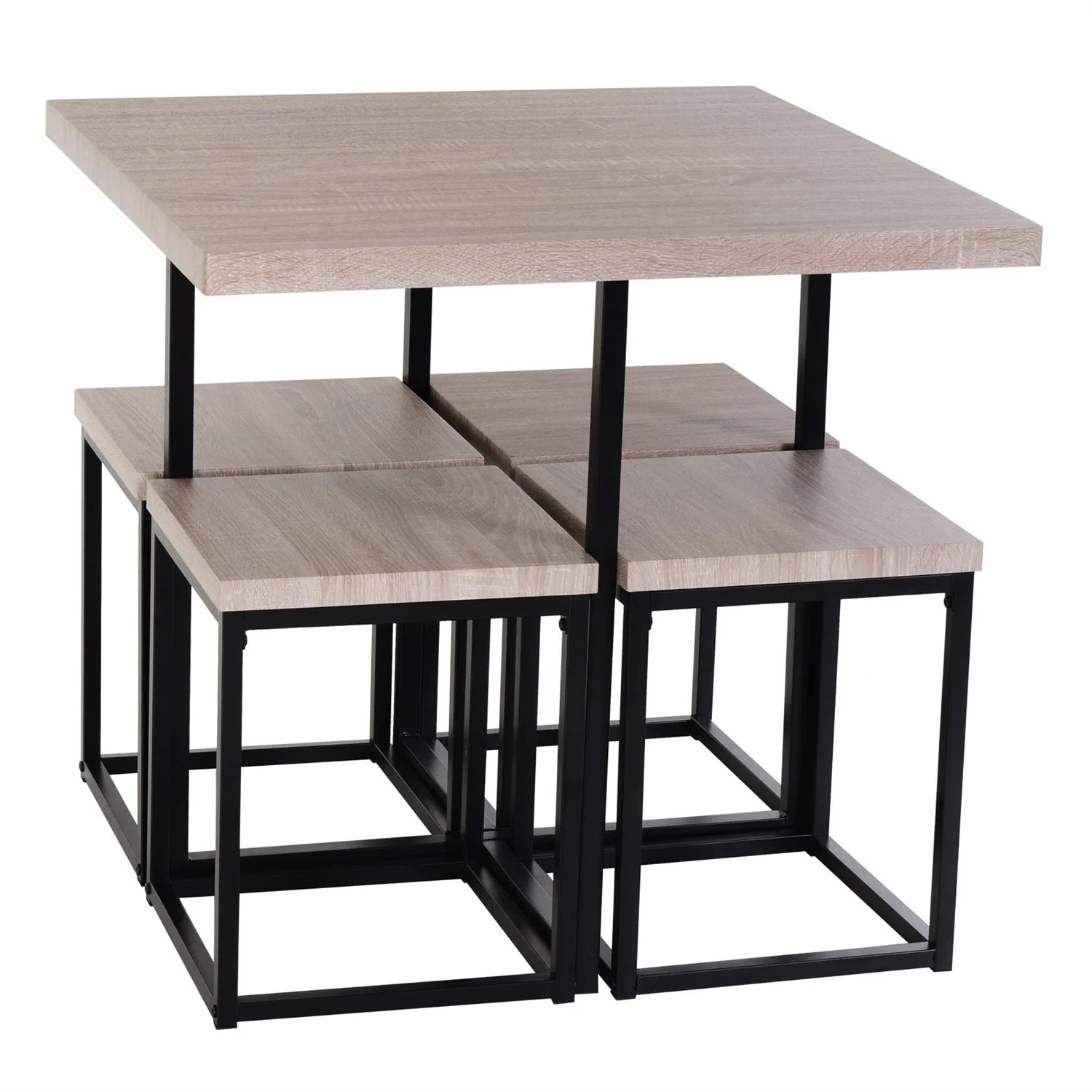 Farmhouse 5 Piece Square Natural Wood Steel Kitchen Dining Set - Image 2