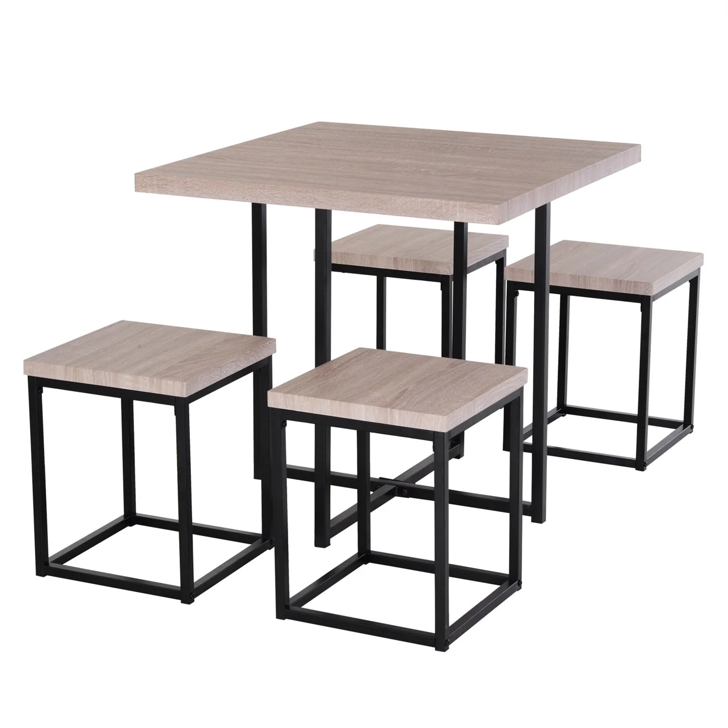 Farmhouse 5 Piece Square Natural Wood Steel Kitchen Dining Set - Image 3
