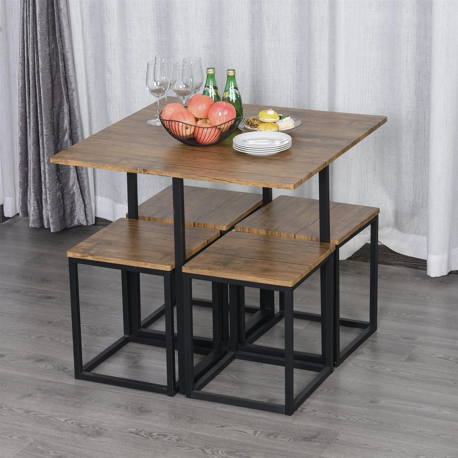 Farmhouse 5 Piece Square Walnut Wood Steel Kitchen Dining Set - Image 2