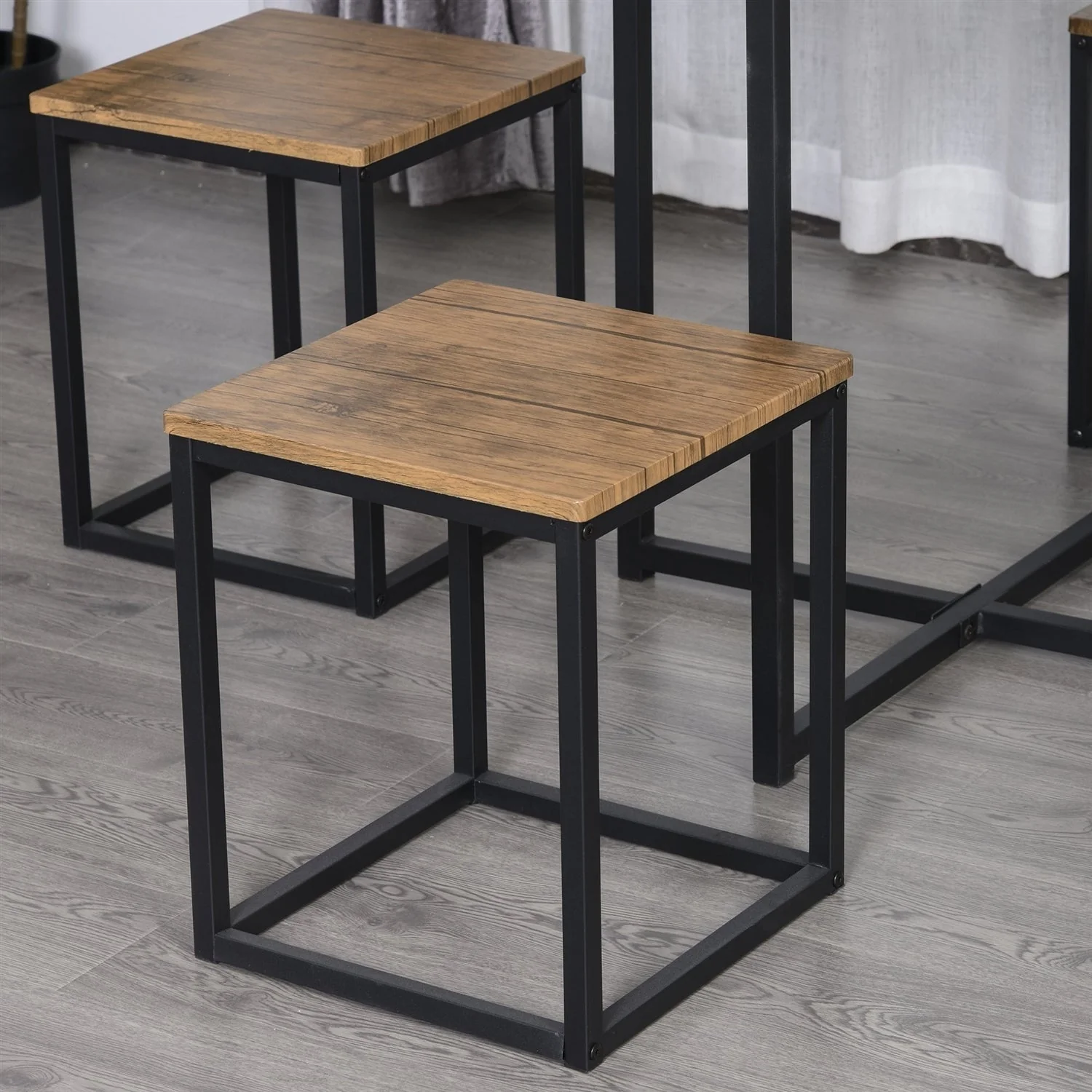 Farmhouse 5 Piece Square Walnut Wood Steel Kitchen Dining Set - Image 3