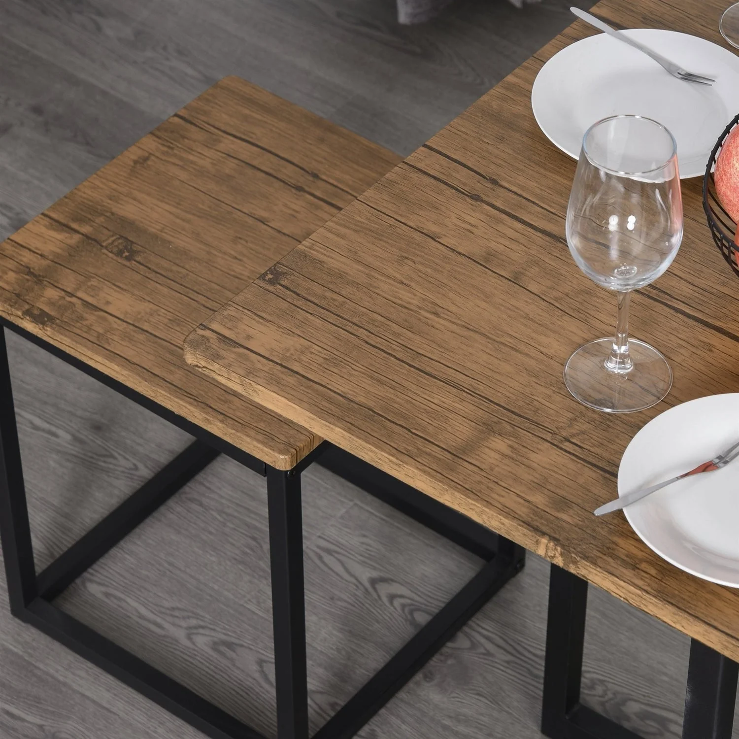 Farmhouse 5 Piece Square Walnut Wood Steel Kitchen Dining Set - Image 4