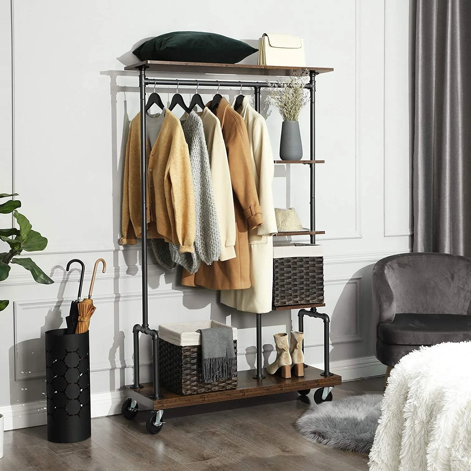 Farmhouse 5 Tier Laundry Pipe Garment Closet Rack Wheels - Image 3