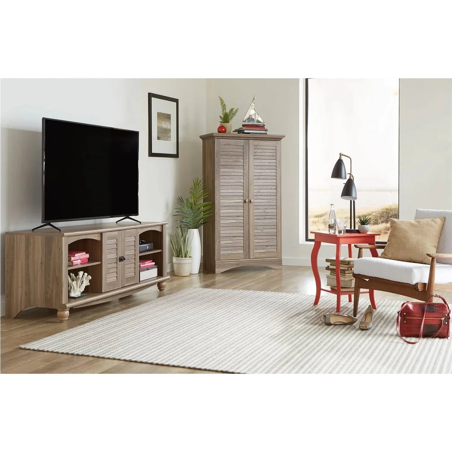 Farmhouse Armoire Storage Cabinet w/ Louver Doors in Light Brown Oak Wood Finish - Image 2