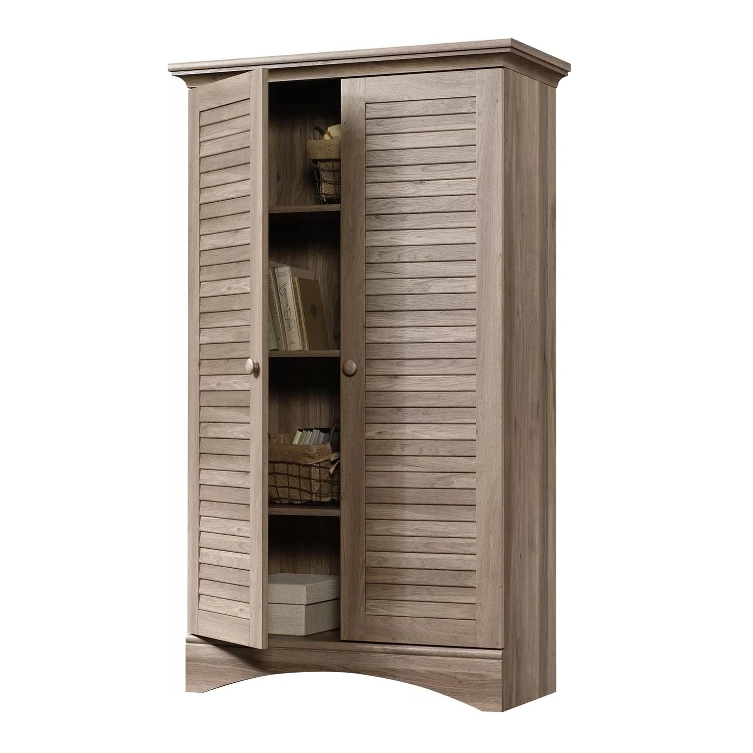Farmhouse Armoire Storage Cabinet w/ Louver Doors in Light Brown Oak Wood Finish - Image 3