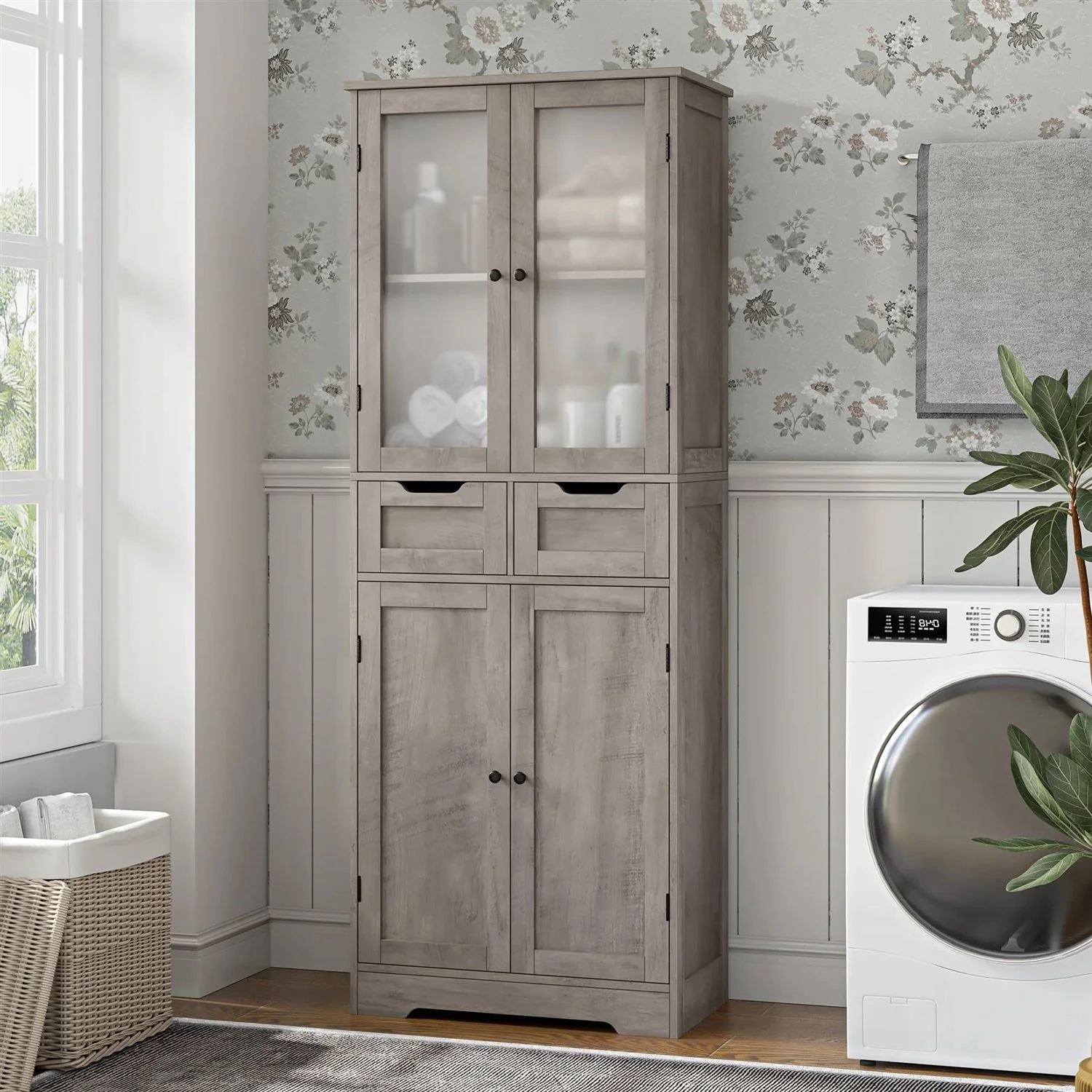 Farmhouse Bathroom Linen Cabinet with Storage Drawers in Grey Taupe Wood Finish - Image 2