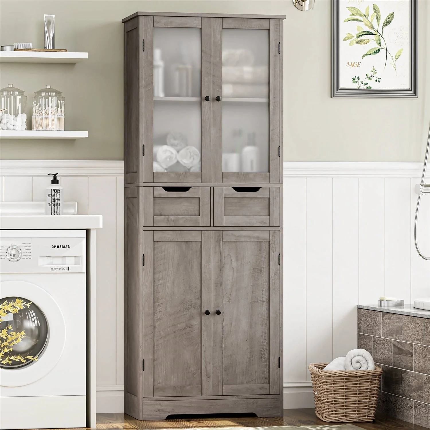 Farmhouse Bathroom Linen Cabinet with Storage Drawers in Grey Taupe Wood Finish - Image 3