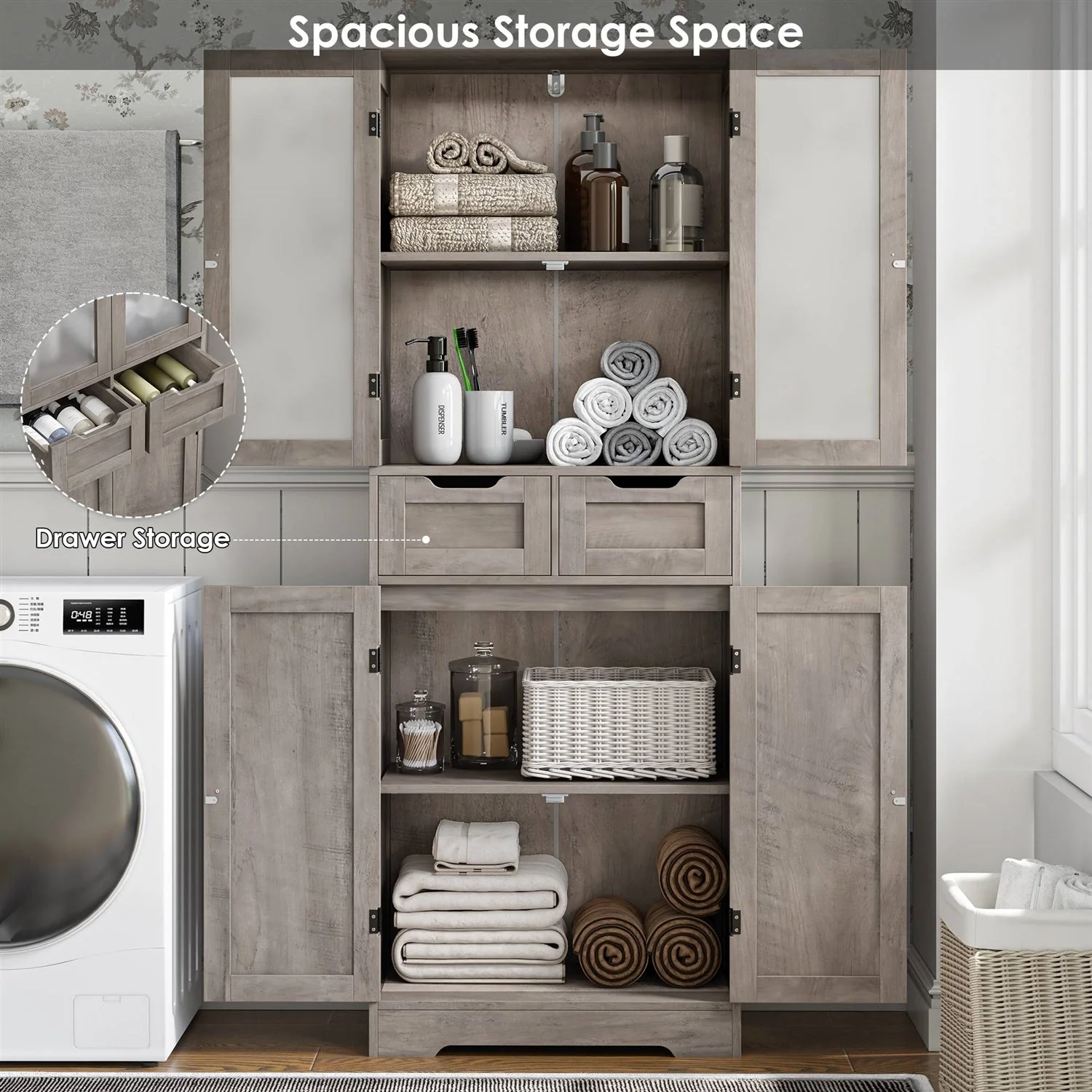Farmhouse Bathroom Linen Cabinet with Storage Drawers in Grey Taupe Wood Finish - Image 4
