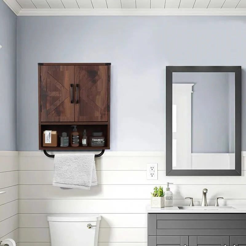 Farmhouse Bathroom Wall Cabinet with Towel Bar in Brown Wood Finish - Image 2