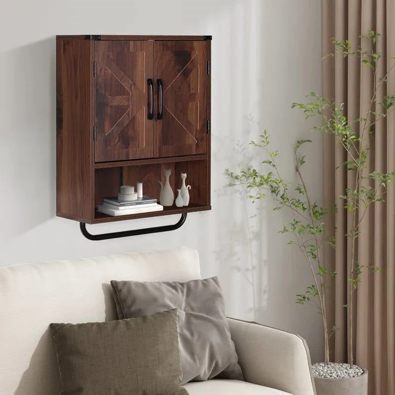 Farmhouse Bathroom Wall Cabinet with Towel Bar in Brown Wood Finish - Image 3
