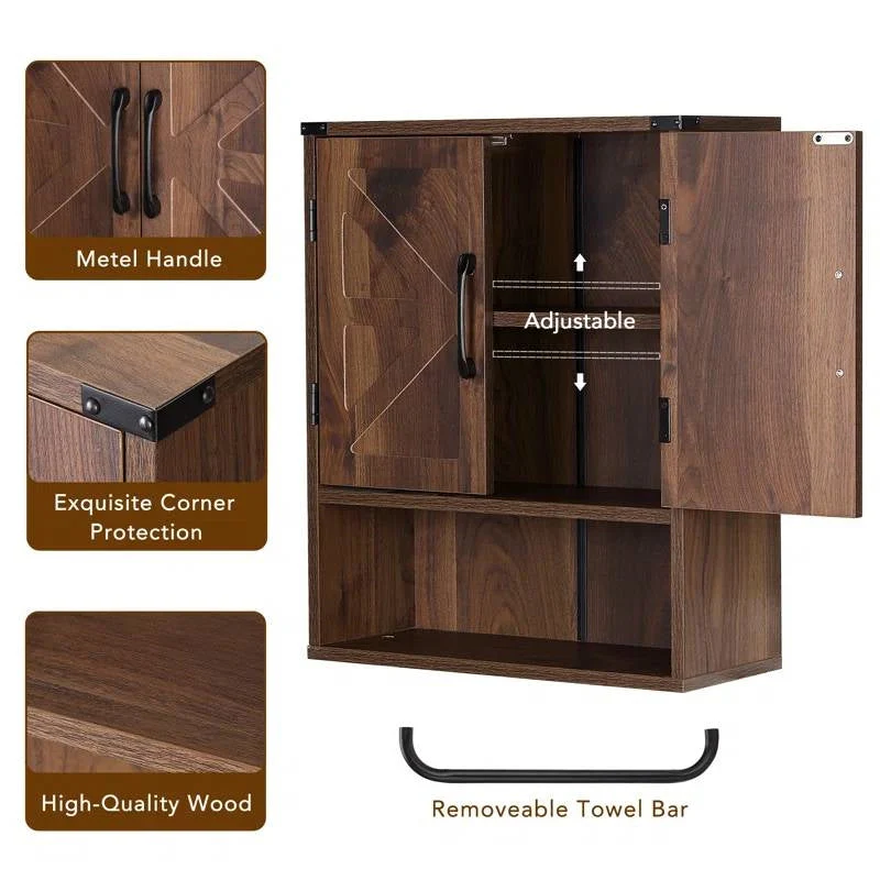 Farmhouse Bathroom Wall Cabinet with Towel Bar in Brown Wood Finish - Image 4