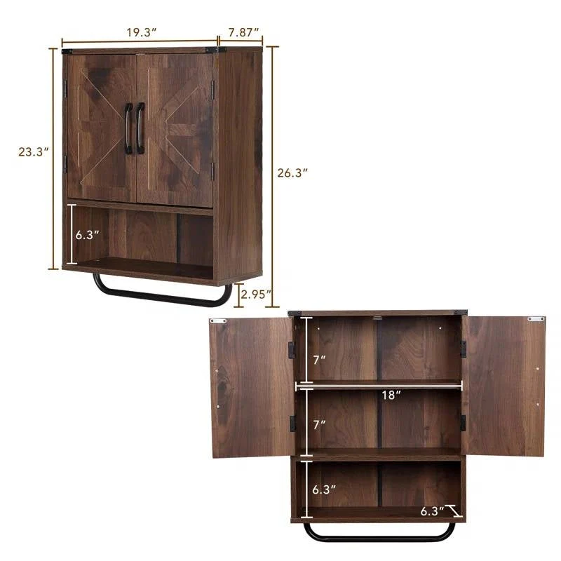 Farmhouse Bathroom Wall Cabinet with Towel Bar in Brown Wood Finish - Image 5