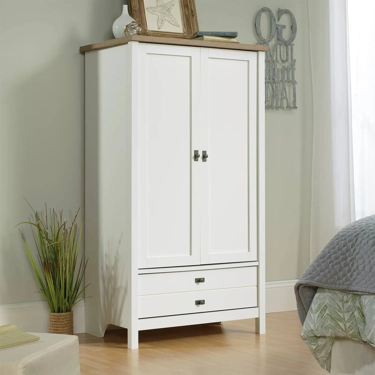 Farmhouse Bedroom Armoire Cabinet w/ Bottom Storage Drawer in White Wood Finish - Image 2