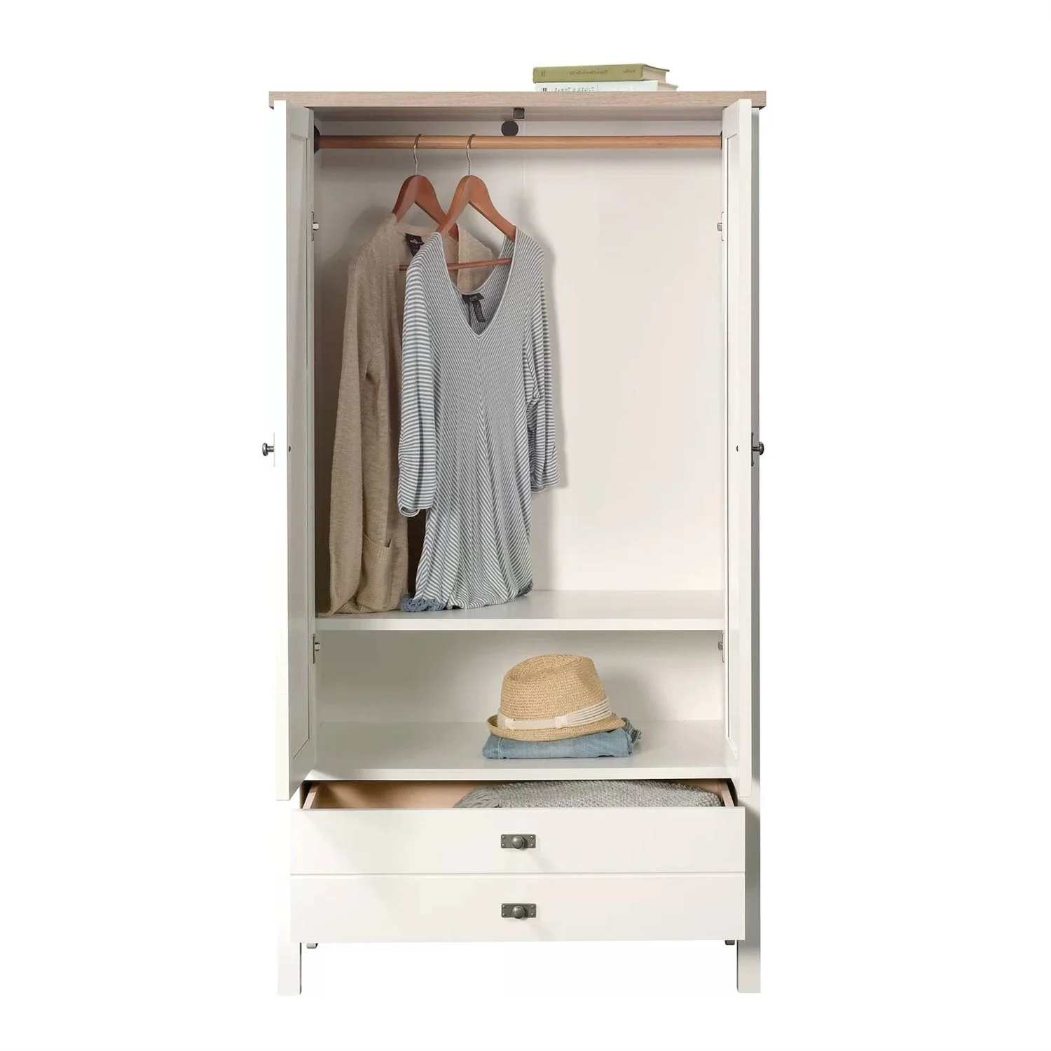 Farmhouse Bedroom Armoire Cabinet w/ Bottom Storage Drawer in White Wood Finish - Image 4