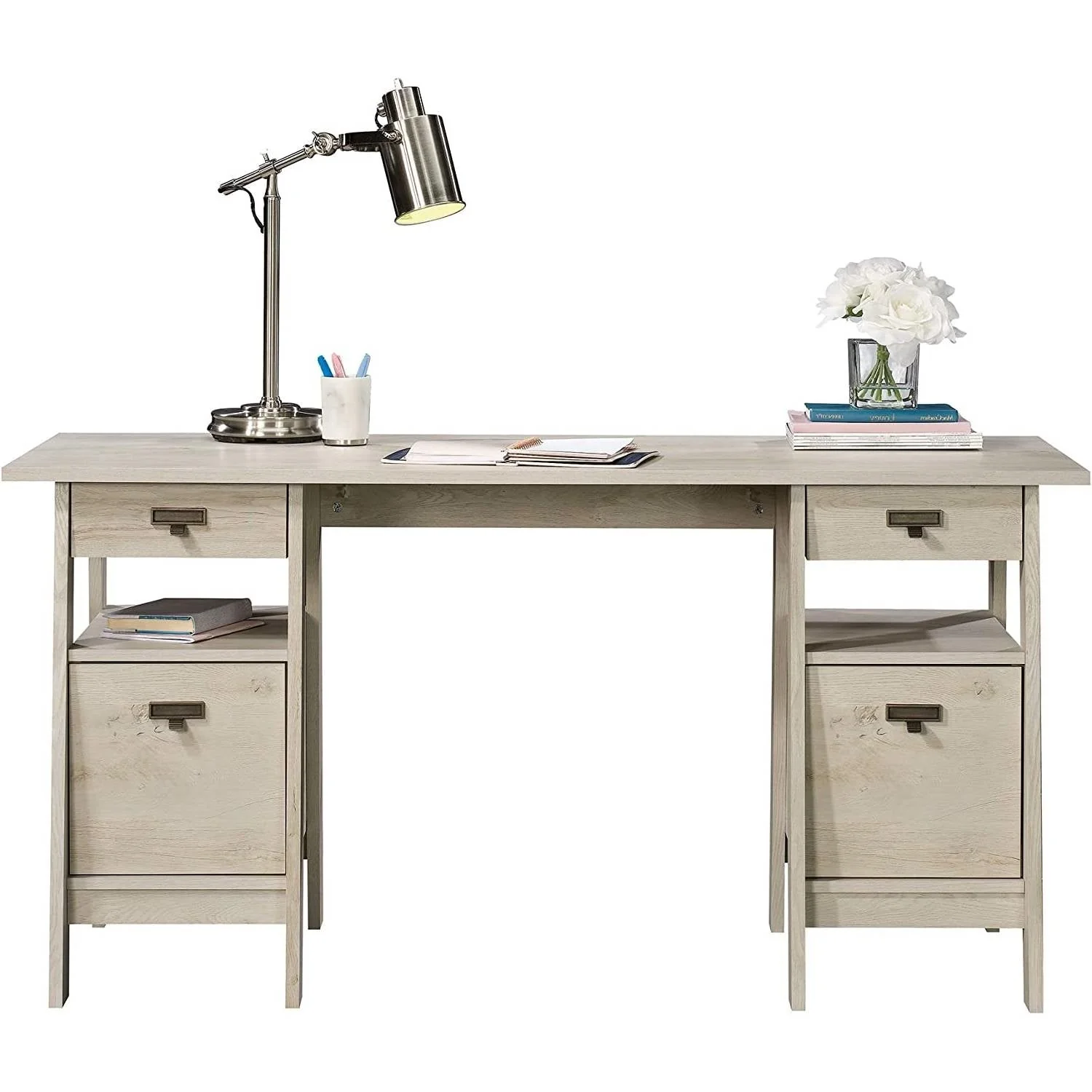 FarmHouse Chalky Oak Executive Desk w/ Filing Cabinets Storage - Image 2