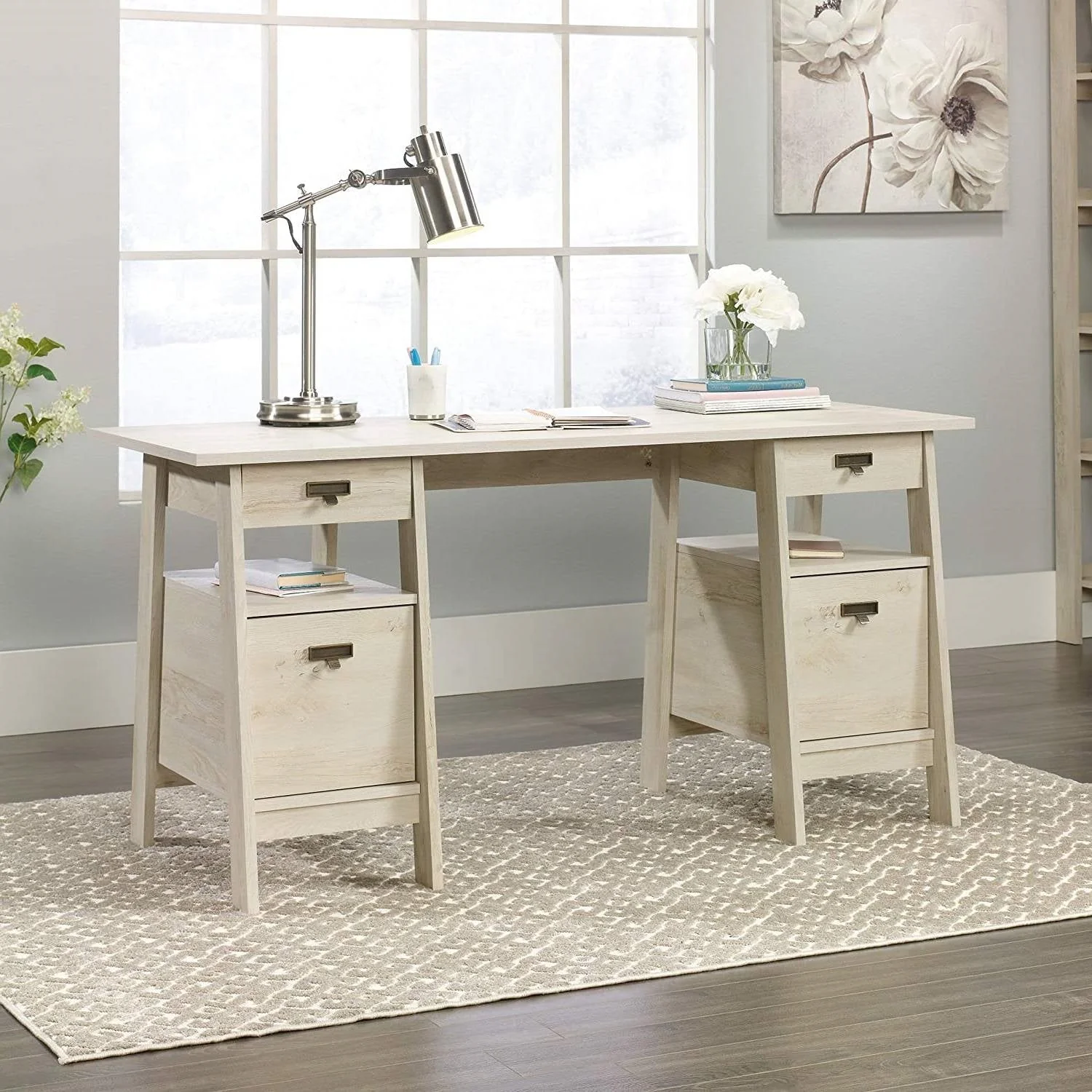 FarmHouse Chalky Oak Executive Desk w/ Filing Cabinets Storage - Image 4
